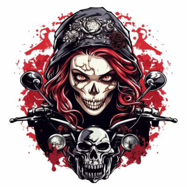 skull headed and skull faced female motorcyclist on a harley looking very tough and hardened with shining red eyes wearing a lot of jewelry white background clipart c 100