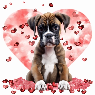 cute boxer puppy chibli clipart surrounded by hearts