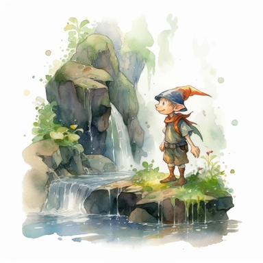 watercolour elf animated clipart character, sly magical look standing at the edge of a clearing by some a small stream of running water, against a solid white background size 2048x2048