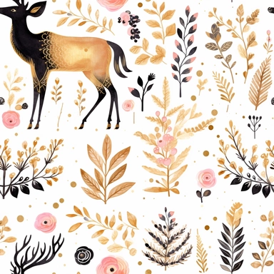 Draw a watercolor-style clip art images that feature objects related to an aesthetic adorned with floral designs. The images should have aesthetic, and should incorporate elements such as watercolor [gold] whimsical and cute illustration in watercolor of a cute deer with black ornaments on the body, in a Scandinavian folk art style with botanical and swirl motifs. light pink gold colors Traditional with a modern twist watercoloritem collection, isolated on a white background, gourmet, classy, si