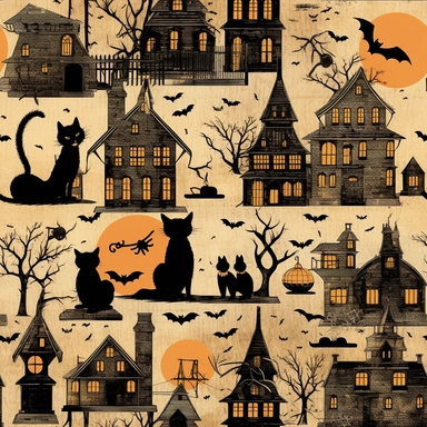 158: Create a Halloween-themed clipart bundle featuring vintage gothic elements such as bat silhouettes, spiderwebs, and black cats. The clipart should be in PNG format with transparent backgrounds, and the colors should be dark and moody. Include a set of antique Halloween digital papers with eerie textures and spooky patterns like haunted houses and full moons. Offer a discount bundle for those who purchase both.