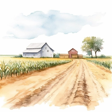 watercolor highly detailed and realistic rustic farm field, clipart, white background