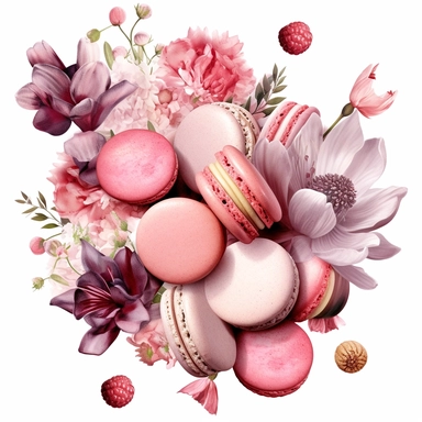 high detail romantic Clipart of pink toned flowers and beautiful macroons on a white background