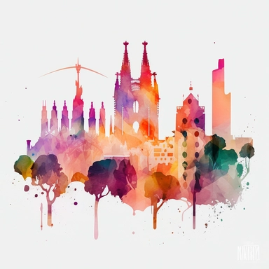 CLIPART OF BARCELONA SKYLINE, WATERCOLOR, FILLED WITH GAUDI MOSAIC. PASTEL COLORS , NO CAPTION