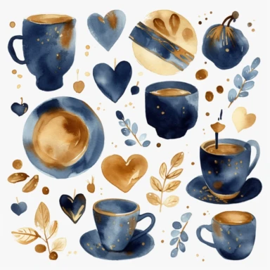 collection of watercolor clipart, hearts and coffee theme, by mary blair, white background, navy blue, gold and chocolate colors, print on demand image, PNG transparent background, white background, 8k