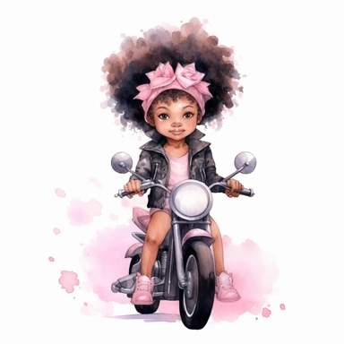 Cute little girl black skin sitting on her motorcycle pink watercolor Clipart