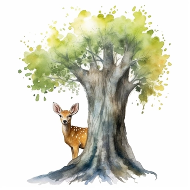 an adorable Deer behind a tree in the style of watercolour clipart with detailed brush strokes