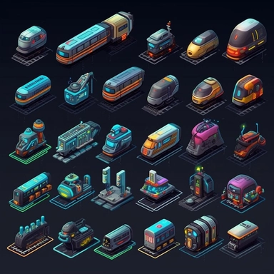 isometric, spritesheet, game assets, futuristic hovering trains, isometric perspective, game sprite, sci-fi, cute, fun, creative, cartoon, clipart, hyper-detailed, black background