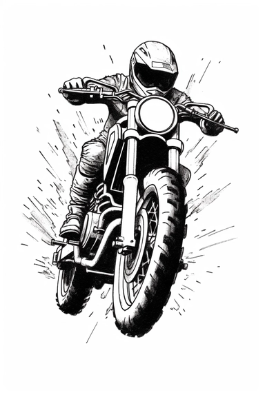 basic, simple, understated, Black line clip art of a stunt motor bike on a white background, showing the duality between good and evil, embattled, fortitude, Intricate, Vibrant, Symbolic Style of art: Embroidery design in the art style of David Choe black line painting: embroidery in the style of craft and artistry , jane crowther, and David Choe, whimsical black line art, anastasiya dobrovolskaya, constantin brancusi, hopi art,