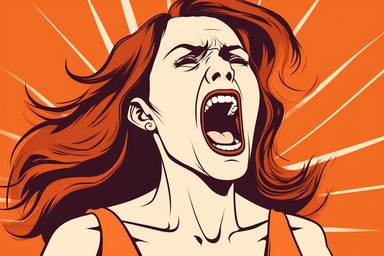 woman screaming , her mouth is open very wide and there are lines representing her loud screams, clipart, vector hd, on white background