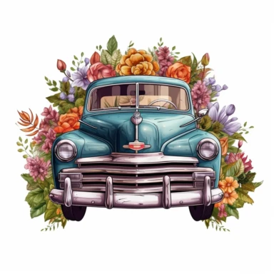 Retro Old Car with Flowers PNG Clipart Portraits, Illustration clipart, 4K, extremely detailed Sublimation Clipart,Cartoon,hyper realistic, intricate detail, illustration style,high solution,on the white background