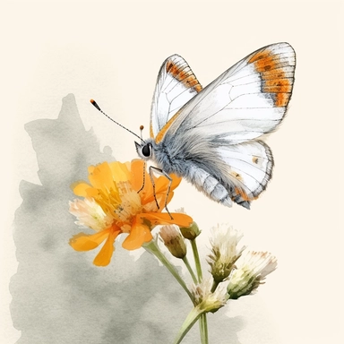 Orange-tip butterfly, the top tips of the wings are orange and the rest of the wings are white, sitting on a single flower, Watercolor clip art, high quality image, soft pastel, cinematic, dramatic, ultra realism, 4k, very detailed