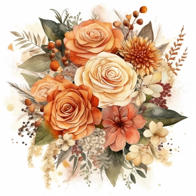 create a beautiful high quality highly detailed highly saturated watercolor clipart illustration of a beautiful single and elegant decorative SIMPLE PRINCESSCORE BRIDAL BOUQUET WITH THE FLORAL STEMS WRAPPED in SILK BURLAP WITH THE BOTTOM OF THE STEMS SHOWING covered in a theme of burnt orange, terracotta, beige, flower arrangement with vendela rose, dahlia rose, rose bud, willow, use intricate detailing for the BRIDAL BOUQUET, pay close attention to the leaves, this illustration should be used f