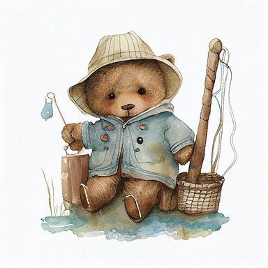 cute fisherman teddy bear, wearing vintage clothes, Sublimation graphics, by Beatrix Potter, Watercolor clipart, single design, print on demand image, no watermark, PNG transparent background, white background, 8k