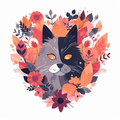 shaggy cartoon style cat in the center of vibrant colored boho style flowers in a heart shape border, silhouette vector flat simple identification symbol white backround white background minimalistic clipart png svg