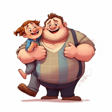 fathers day clipart, cartoonic father and son, fat daddy, daady hugs his son