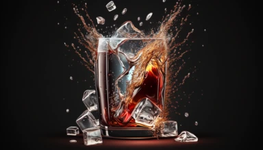 Splash cola, soda, cold tea or coffee with ice cubes. Splashing drink in glass cup with air bubbles. Isolated summer cocktail or whiskey alcohol beverage, Realistic 3d vector illustration, clip art , professional photography with lots of copy space UHD 8k