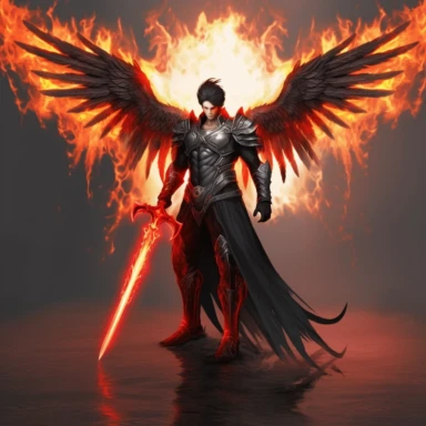 Create a high quality image of fullbody male fire dark angel with fire wings and a lightning sword, mythological figure, sci-fi style, white background, clipart
