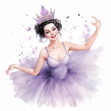 make a clipart of a beautiful photorealistic ballerina in a lavender jeweled tutu, give her black hair with a jeweled crown, use pastel colors, watercolor style, white background