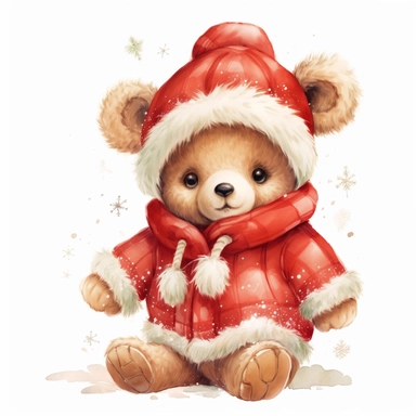cute happy Baby teddy bear in red christmas Santa suit clothes, clipart, no words