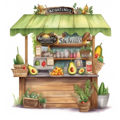 create a beautiful highly detailed and saturated disney style watercolor clipart image of an old fashion wooden smoothie shop style stand selling fresh avocados and avocado smoothies, with a small decorative wooden chalkboard sign, include grass and flowers, PNG, commercial use, white background, no text, no font, no watermark, white background, no text, no font, no watermark, white background