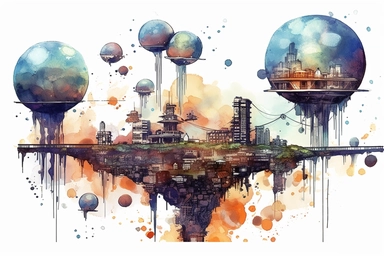 Watercolor, Imagine a planet with a cityscape made entirely of levitating platforms and bridges clipart, hd, on a white background, spaced out