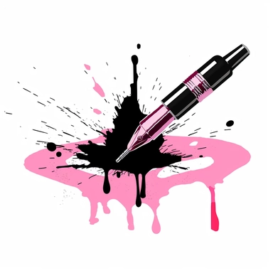clipart vector art of a pink fountain pen creating a black inkblot on a piece of paper, digital drawing with a transparent background,