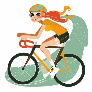 Triathlete girl riding a triathlon bicycle, wearing bicycle helmet, wearing a triathlon gear, with athletic outfits, full body, smiling, both hands over the aerobars, Sport graphics, action clipart, vector graphics, simple background, children’s book illustration by charley harper