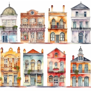 watercolor New Orleans French quarter style buildings, illustrations clipart set, simple, , cartoon elements ,different variants , separate elements with a margin