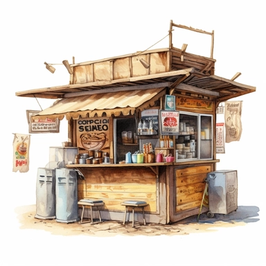 watercolor art of coffee stand, in the style of realistic and hyper-detailed renderings, sketchfab, ahmed morsi, realistic watercolor paintings, use of common materials, handcrafted designs clipart tan and silver with background removed