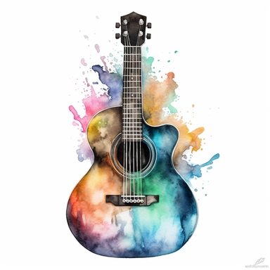 watercolor clipart of a iridescent guitar, a black outline, white background