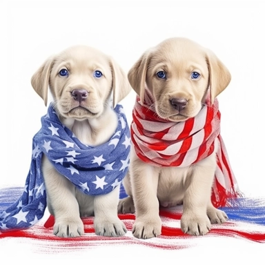digital clipart, solid white background, two new born puppy Chesapeake Bay Retrievers in the theme of 4th July, white background