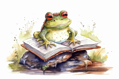 watercolor fat frog reading a book on a log Clipart, hd, white background, spaced out