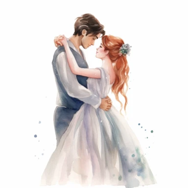 Caucasian bride and fair-skinned groom, sharing a sweet embrace, tender and affectionate, watercolor, Pixar style, Clipart on a white background.