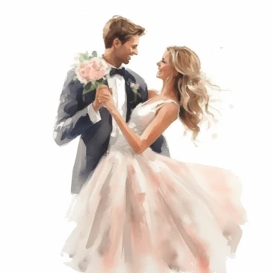 watercolor, drawing, illustration of the bride and groom, the bride in a short beautiful dress above the knees, very beautiful, slender bride, laughing, wedding dance, holding a bouquet, flowers, clipart, high resolution image, detailed image, photorealistic, 3D, 4K