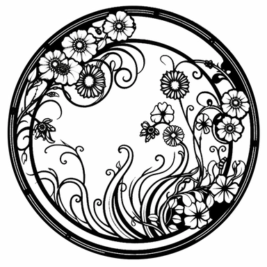 Left aligned, bottom aligned, quarter of a circle, art nouveau style, black lines, detailed, flat design, flat flowers, white background, Black and white only, clipart style,