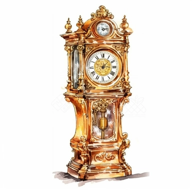 ornate gold grandfather clock detailed illustration watercolor clipart isolated white background