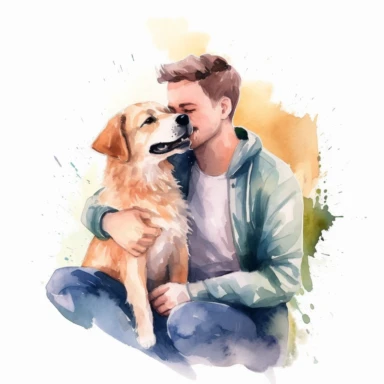 man with a dog, love dog, cute, Watercolor Clipart high quality, white background , cute, love , love animals