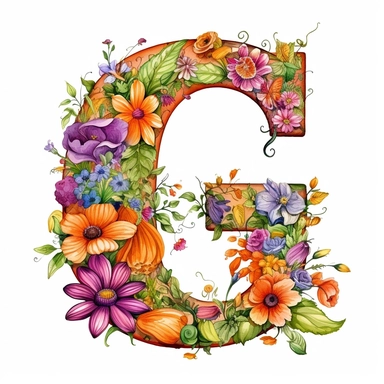 A digital illustration of the flower alphabet clipart for the letter G, featuring a vibrant and whimsical style reminiscent of the works of Beatrix Potter. The letter G is creatively formed by a variety of colorful and intricate flowers, each with its own unique shape and petal arrangement. Against a clean white background, the floral A stands out prominently, exuding a sense of elegance and natural beauty. Soft, diffused lighting ensures that every detail of the flowers is showcased with clarit