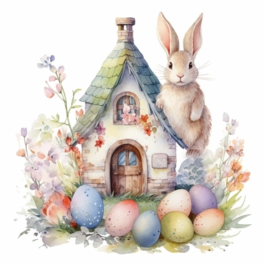 clipart, isolated on white background, Watercolor bunny and colorful eggs and cute cottage, easter style, detailed, flowers, ornated, pastel colors