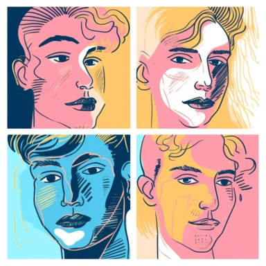 face illustration cartoon portraits face line illustration human face clipart silhouette, in the style of pink and azure, pop art style, handsome, light yellow and light navy, vibrant figurative expressionism