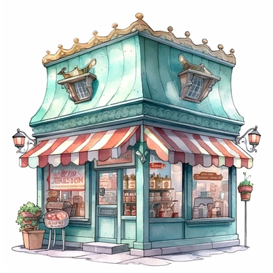 isolated clipart of a rainbow ice cream shop, in the style of tony diterlizzi, light teal and light bronze, digital airbrushing, isabelle waldberg, ultrafine detail, watercolors, havencore