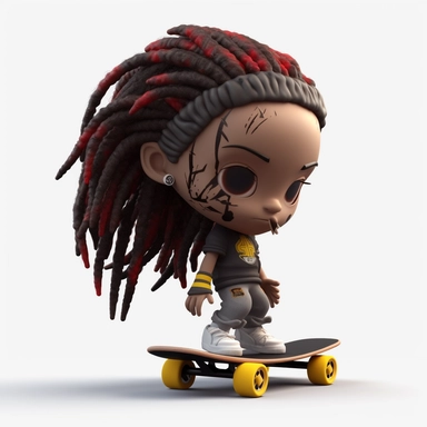Black girl 3d clipart, chibi style, with Dreadlocks, skateboarding, white background, punker clothing, african colors, vector style, 4k, ultra-detailed, sharp focus,