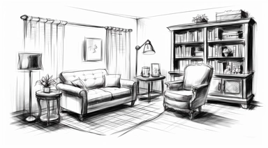 vintage clip art of a living room. In this living roon is an armchair, a telephone, a coffee table with an aquarium on top, a shelf and a painting on the wall. Ink illustration. Vintage drawing. White background. Few simple lines. Retro vector