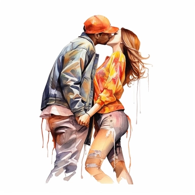 couple dancing kiss, hiphop cliparts, white background, watercolour,