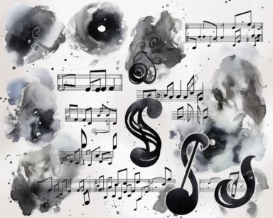 watercolor black and white music notes clip art, 8k , 600 dpi