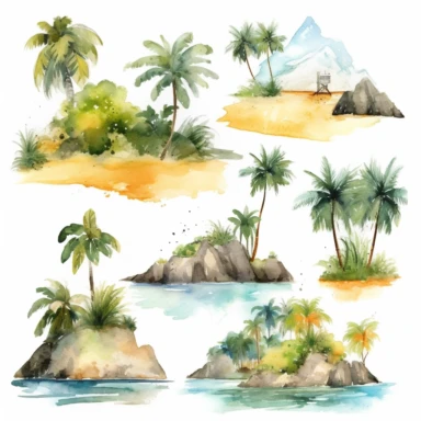 Tropical island beach clipart set isolated on white, watercolor, - - no photograph
