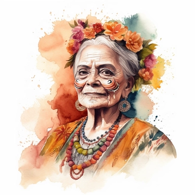 Gorgeous realistic watercolor of a beautiful older woman, celebrating Dia de Los Muertes, wearing boho jewelry and mexican traditional dress, spiritual, romantic, translucent, multi-layered, delicate colors, golden hour, fashion photography, watercolor clipart - - no watermarks, no text