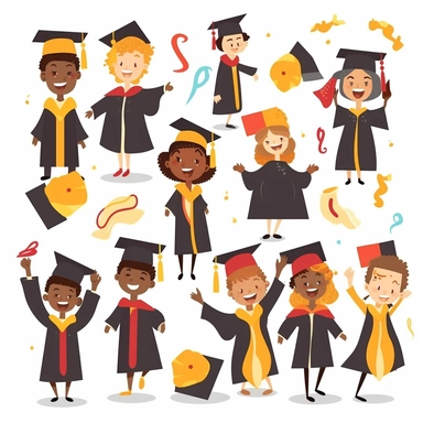 Design a clipart set that depicts graduation elements such as graduates in their caps and gowns, graduation scrolls, diplomas, graduation caps, and other academic items. Add images of people celebrating, such as confetti, balloons, and a graduation ceremony. Consider different variations of the clipart, such as graduates throwing their caps in the air or graduates taking photos with family members.