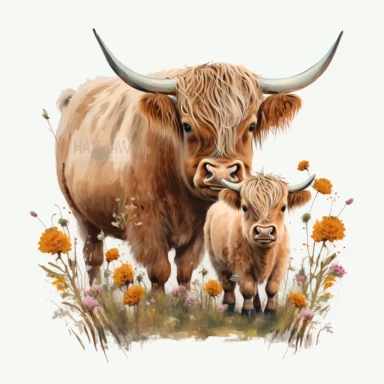 highland cow with her cute lovely child intimately stand together,kinds of clorful flower cluster in the front of them，clipart style--HD picture